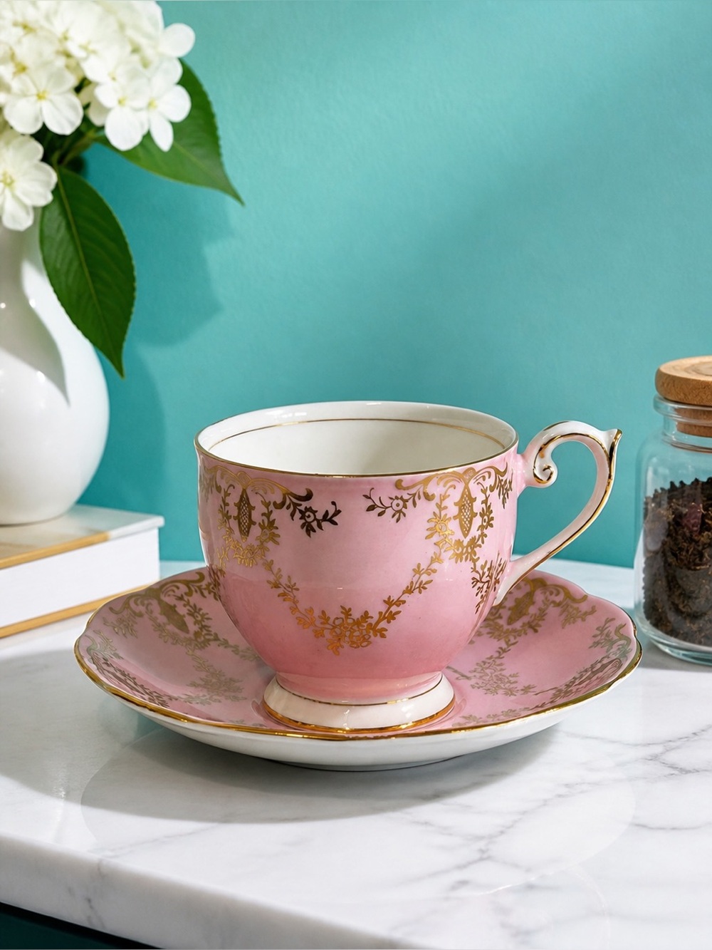 Vintage Queen Anne Pink and Gold Scroll Tea Cup and Saucer